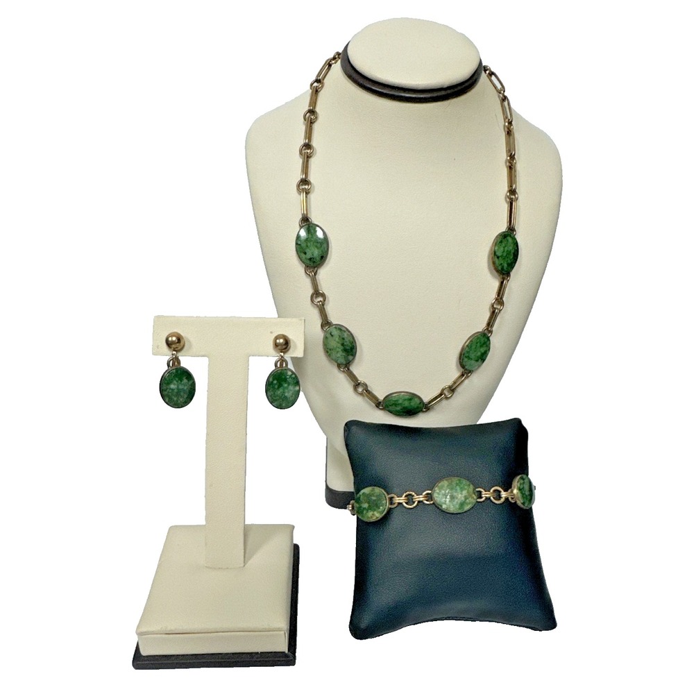 Vintage Nephrite Jade Jewelry Set 14K GF Sterling Necklace Bracelet Earrings